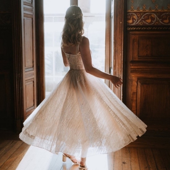 Bronx and Banco | Mademoiselle Bridal Sequin Sparkle Midi Dress Size Medium - Picture 2 of 16